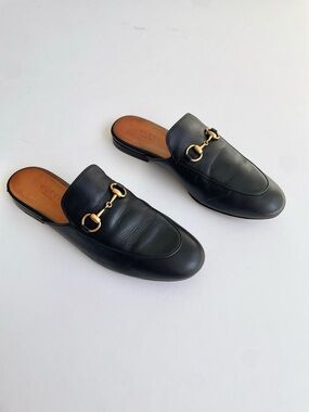 Gucci Princetown Horsebit Mule Loafer Black Leather Slip On Flats EU 37.5 US 7.5